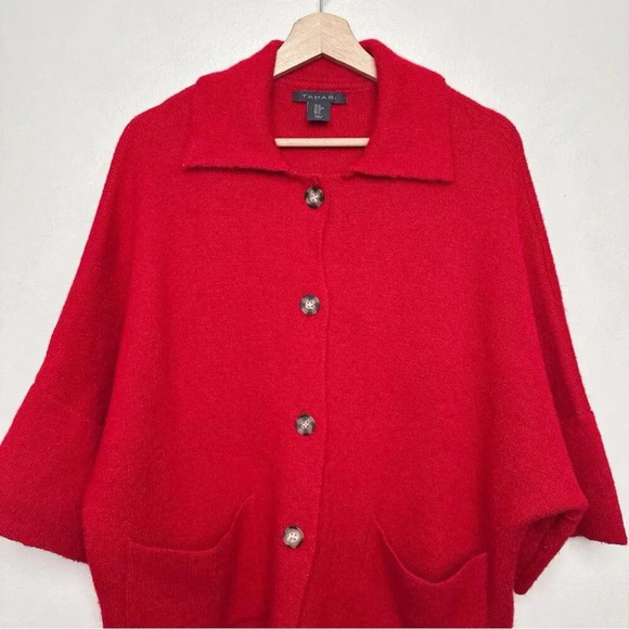 Tahari Womens Medium Button Collar Red Wool Oversized Cardigan - Picture 4 of 14